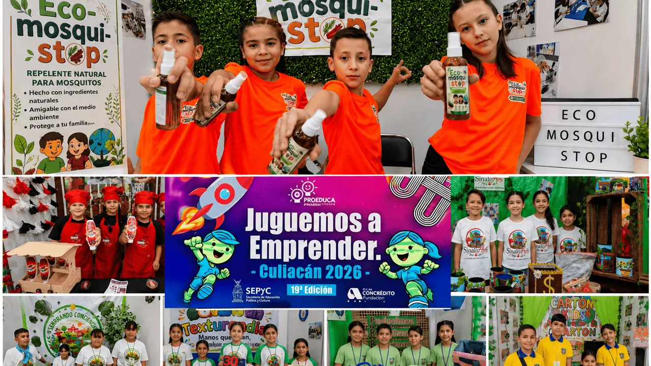 Niñas y niños de Culiacán demostraron su creatividad e innovación durante la 19.ª edición de Juguemos a Emprender 2026. Foto: Juan Madrigal