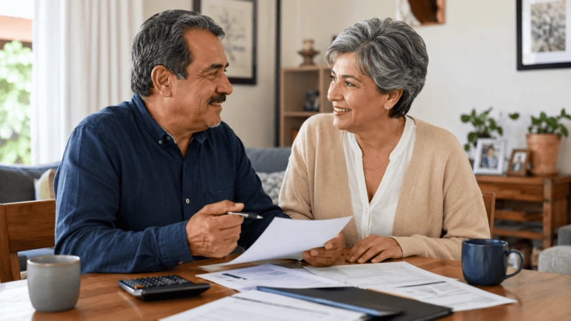 Una pareja analiza sus opciones de jubilación, consciente de que la edad de retiro puede hacer una diferencia importante en sus ingresos mensuales.