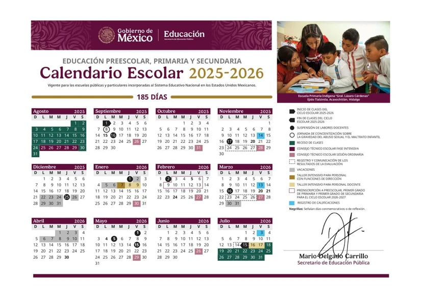 Calendario escolar 2025-2026 oficial. Imagen: SEP