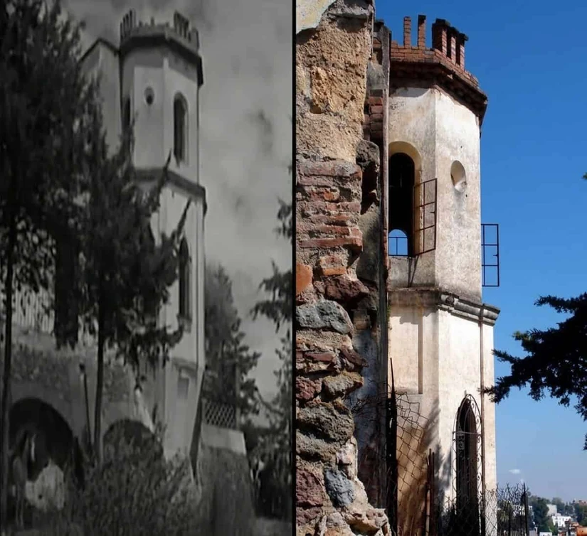 La torre de la Hacienda de la Encarnación en el Jinete Solitario como lucía antes y cómo se ve ahora. Cortesía