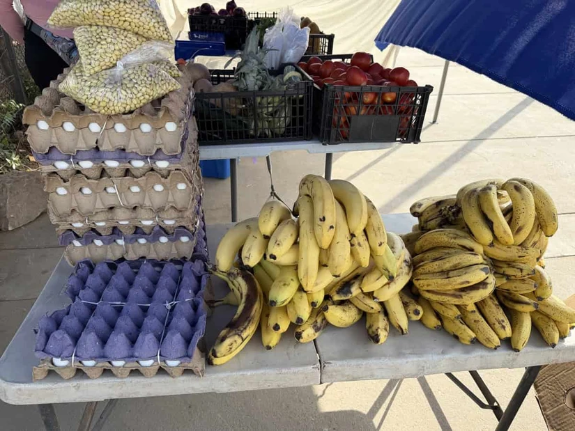 Paloma ofrece frutas, verduras y otros productos como huevo, que cada madrugada busca en el mercado de abastos