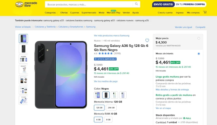 Descuento del Samsung Galaxy A36. Foto: Captura de pantalla