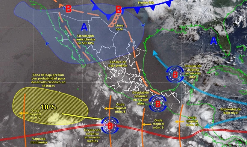 Una circulación anticiclónica extiende su presencia en la zona noroeste del país. Imagen: Conagua