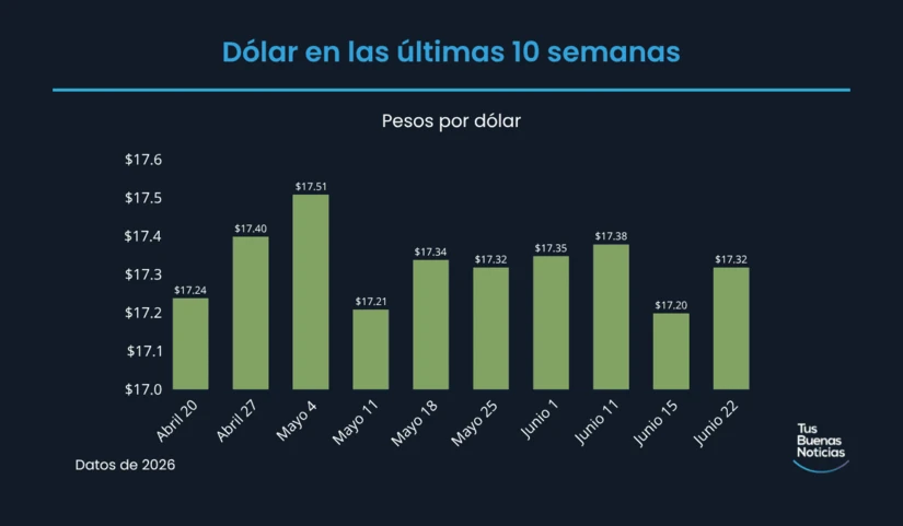 Dólar en las últimas 10 semanas de acuerdo al DOF. Foto: TBN