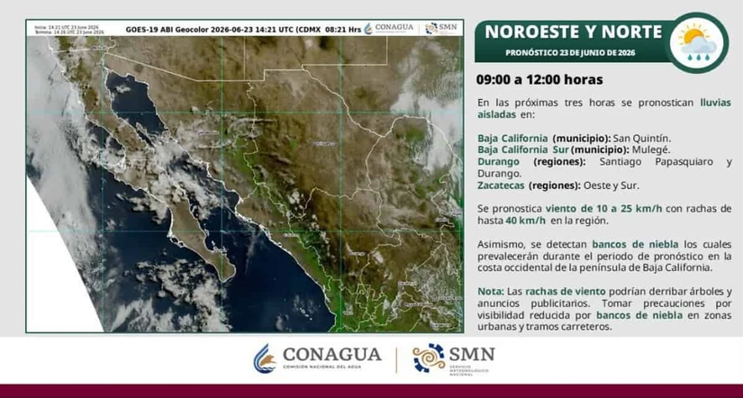 Se pronostican rachas de viento y bancos de niebla esta mañana en Baja California. Imagen: Conagua
