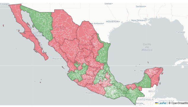 Mapa extorsión nacional: Rojo: incremento en extorsión; Verde: reducción o sin cambiosFuente: