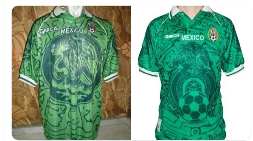 Imagen izquierda del jersey prohibido de la Selección Mexicana y derecha por el que se reemplazo). Foto: Ahdrés