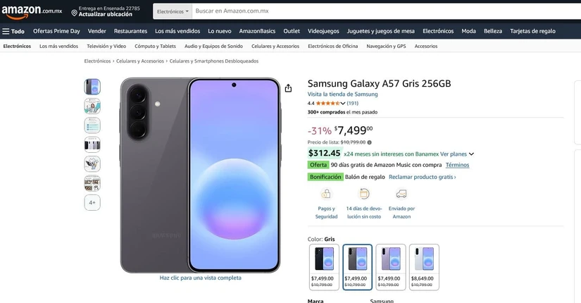 Samsung Galaxy A57 en oferta. Foto: Captura de pantalla