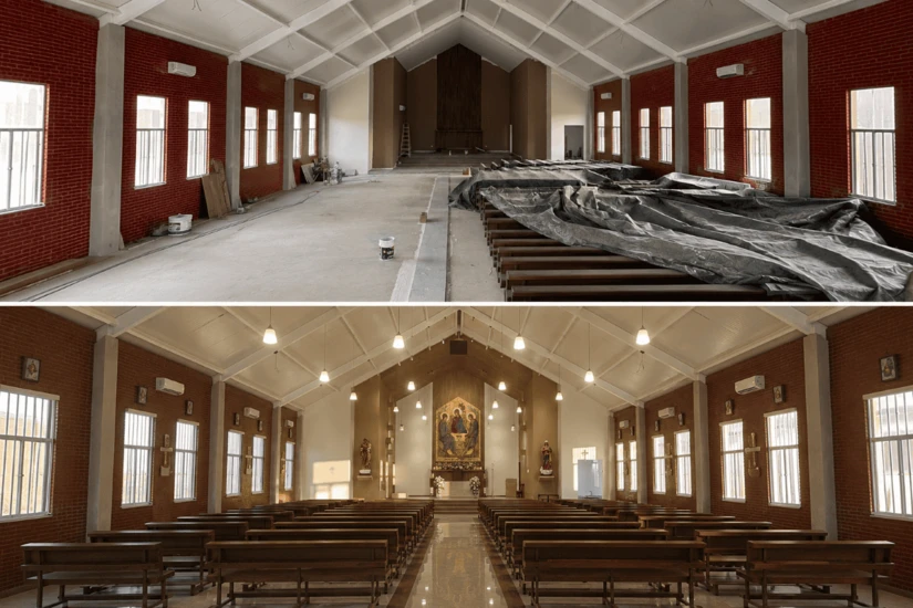 El antes y después del interior de la Capilla Santísima Trinidad refleja el sueño que una comunidad construyó durante más de tres décadas con fe, trabajo y perseverancia. Foto: Cortesía/ TBN