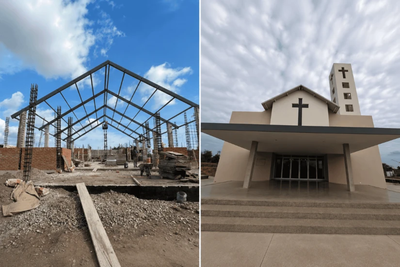 El antes y el después de la Capilla Santísima Trinidad reflejan el sueño que una comunidad hizo realidad con más de tres décadas de fe, trabajo y esperanza. Foto: Cortesía/ TBN