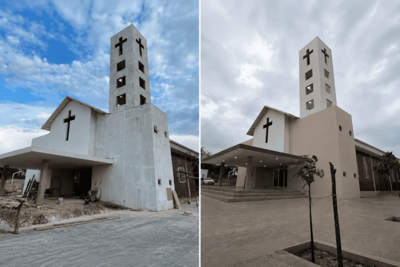 El antes y el después de la fachada de la Capilla Santísima Trinidad muestran cómo un sueño impulsado por la fe y la perseverancia se convirtió en un templo para toda la comunidad. Foto: Cortesía/ TBN