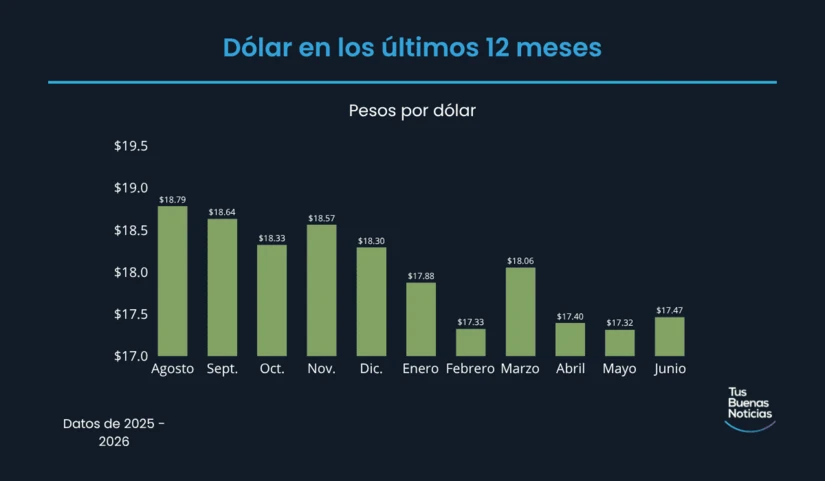 Dólar en los últimos 12 meses de acuerdo al DOF. Foto: TBN