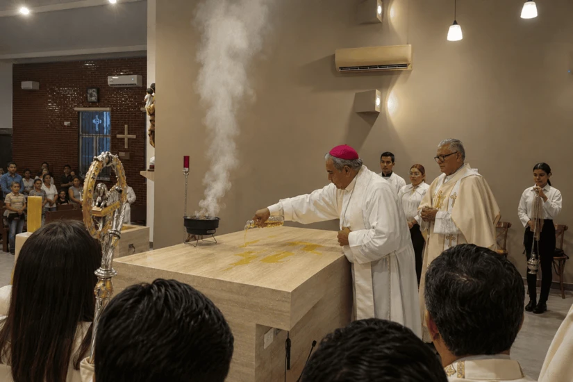 Uno de los momentos más solemnes de la dedicación del templo: el Obispo de Culiacán, Mons. Jesús José Herrera Quiñónez, unge el altar con Santo Crisma y lo perfuma con incienso, signos de su consagración a Dios y de la oración del pueblo fiel que se eleva al cielo. Foto: Cortesía/TBN 