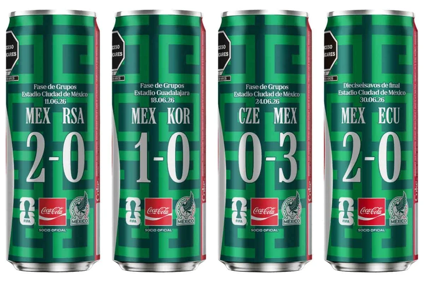 Cuatro victorias históricas: Coca-Cola lanzó una colección de latas inspirada en los triunfos de México ante Sudáfrica, Corea del Sur, Chequia y Ecuador durante el Mundial 2026.
