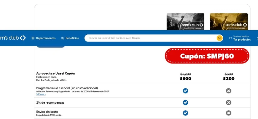Sam’s Club puso membresías con el 50% de descuento. Foto: Captura de pantalla