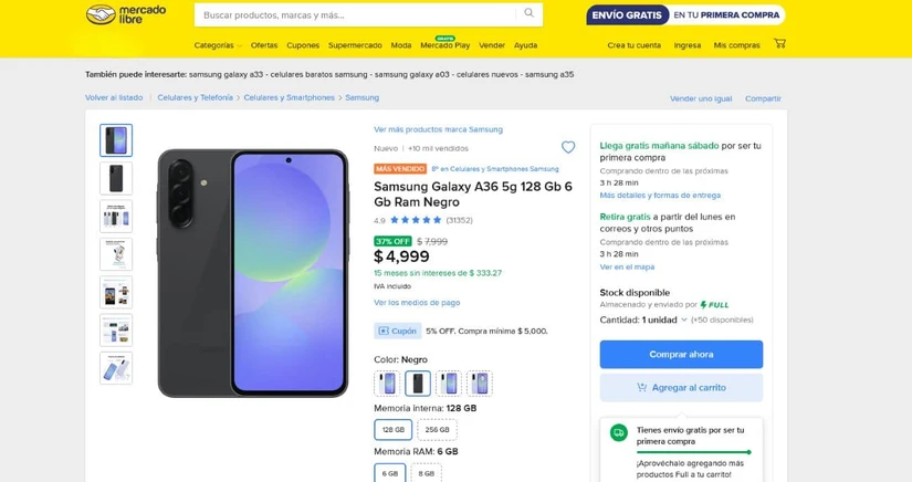 El descuento del Samsung Galaxy A36. Foto: Captura de pantalla