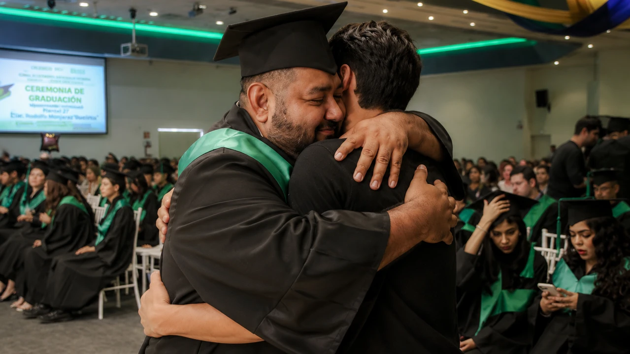 Un abrazo que resume años de esfuerzo compartido. Padre e hijo celebran juntos una meta que fortaleció su vínculo y les cambió la vida. Foto: COBAES