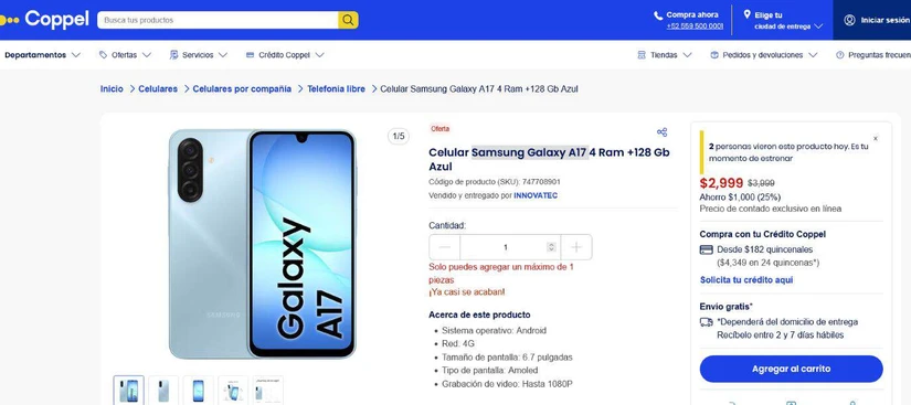 Descuento del Samsung Galaxy A17. Foto: Captura de pantalla