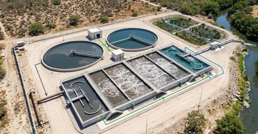 Figura 2. Vista superficial de una planta de tratamiento de aguas residuales cuya descarga de aguas tratadas es vertida a un arroyo (arriba a la derecha de la imagen).