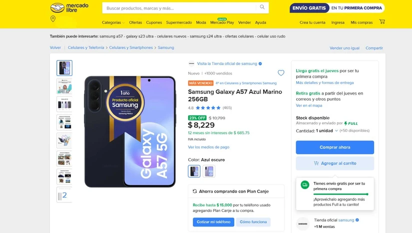 Samsung Galaxy A57 en oferta en julio. Foto: Captura de pantalla