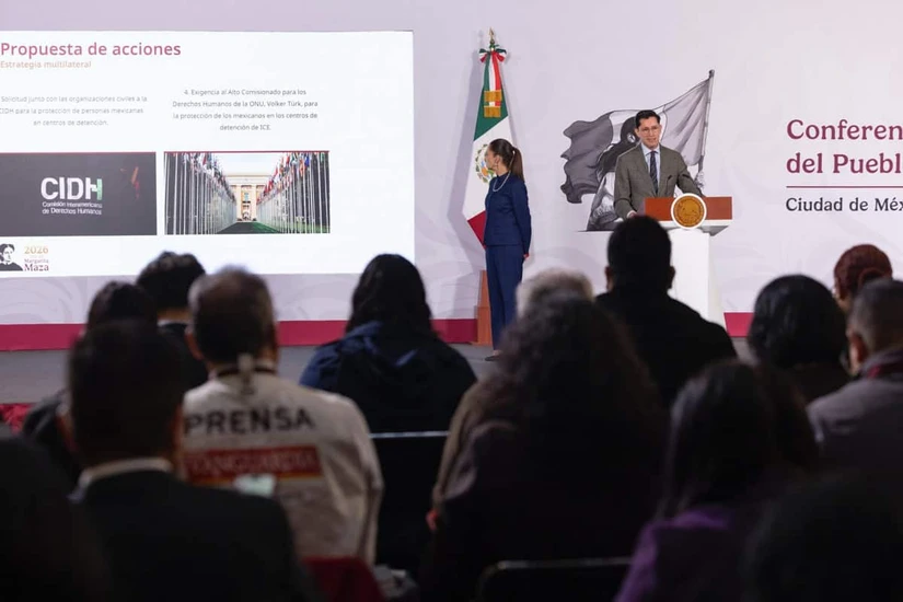 Claudia Sheinbaum durante la conferencia de prensa de hoy jueves 9 de julio del 2026.