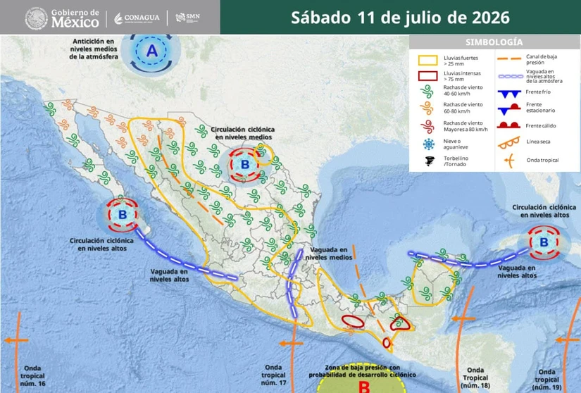 También se esperan vientos fuertes en varios estados. Imagen: Conagua