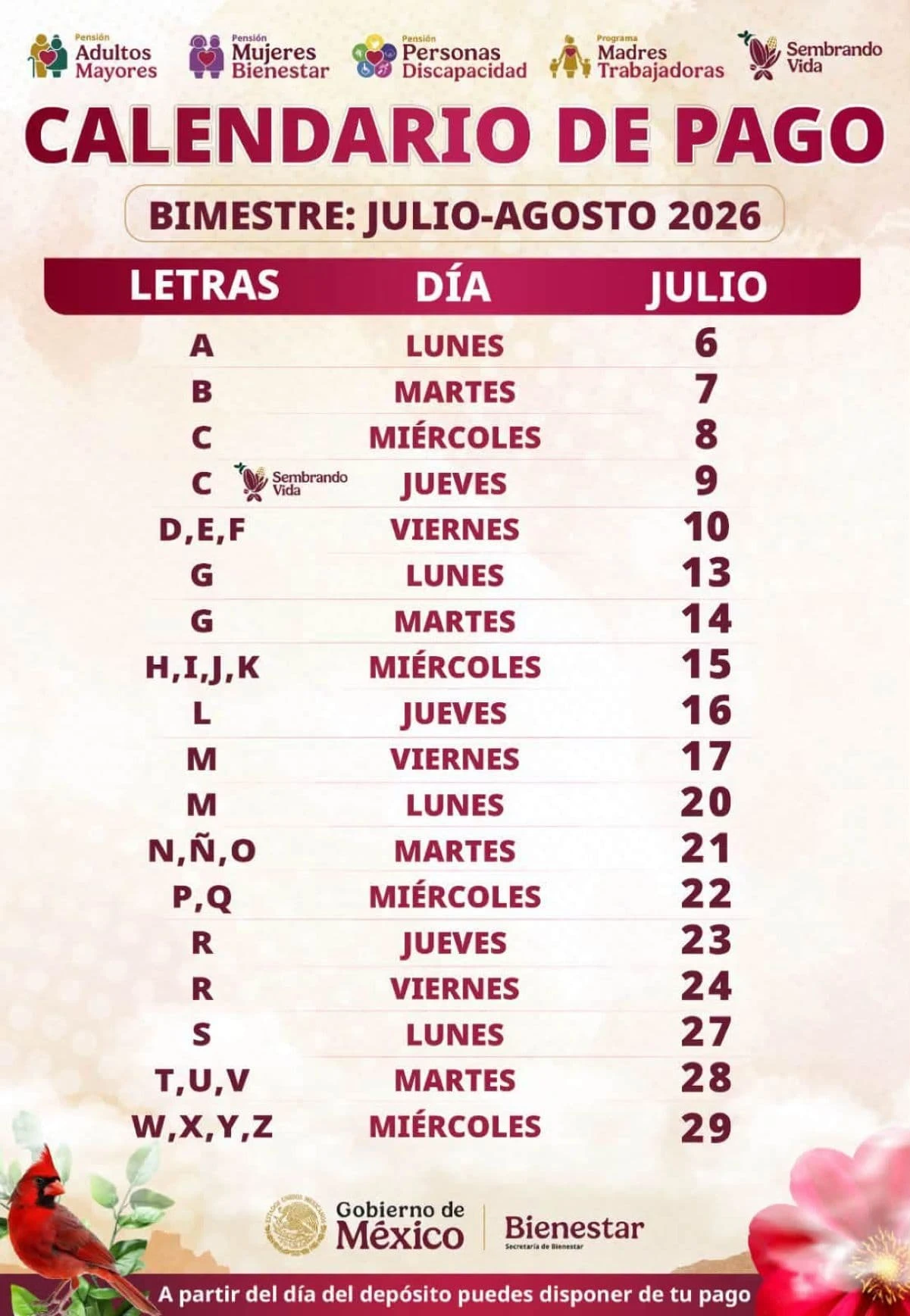Calendario de pagos de julio de la Pensión de Mujeres con Bienestar. Foto: Cortesía