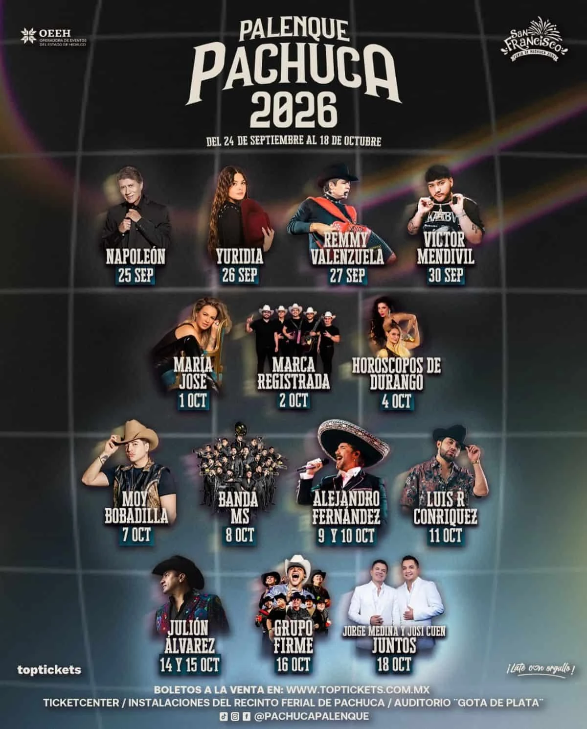 Cartelera de artistas del Palenque Pachuca 2026. Foto: Cortesía