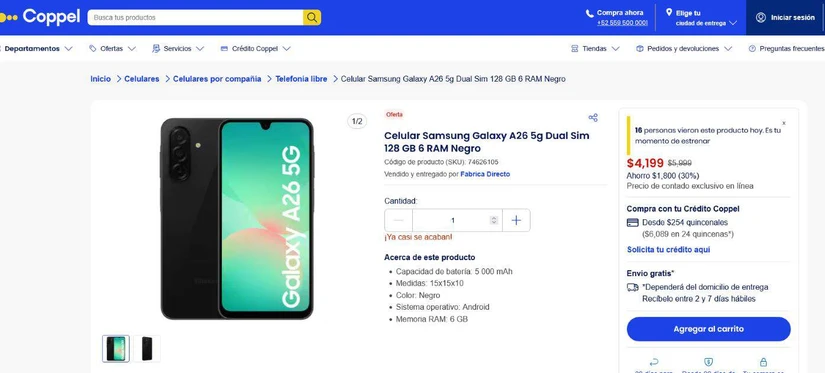 Samsung Galaxy A26 con descuento en julio. Foto: Captura de pantalla