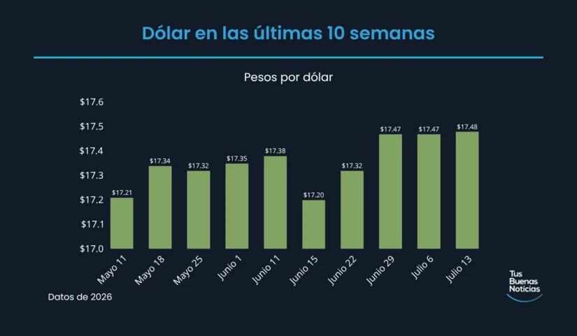 Dólar en las últimas 10 semanas de acuerdo al DOF. Foto: TBN