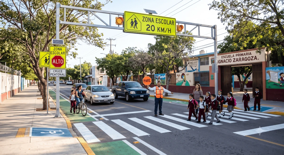 La señalización vial en zonas escolares protege a estudiantes, familias y peatones durante los horarios de entrada y salida