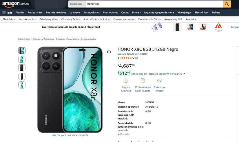 El Honor X8c te sorprenderá con su buena relación calidad-precio. Imagen: amazon.com.mx