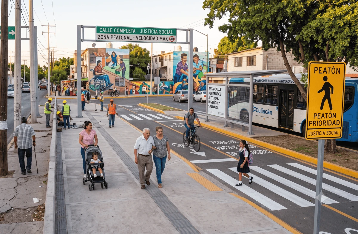 Banquetas amplias, continuas y accesibles fortalecen la seguridad vial y garantizan una movilidad más equitativa para todas las personas. Imagen de IA