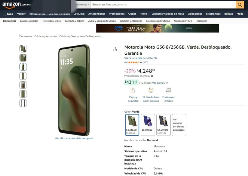 El Moto G56 brinda una experiencia fluida a precio accesible. Imagen: amazon.com.mx