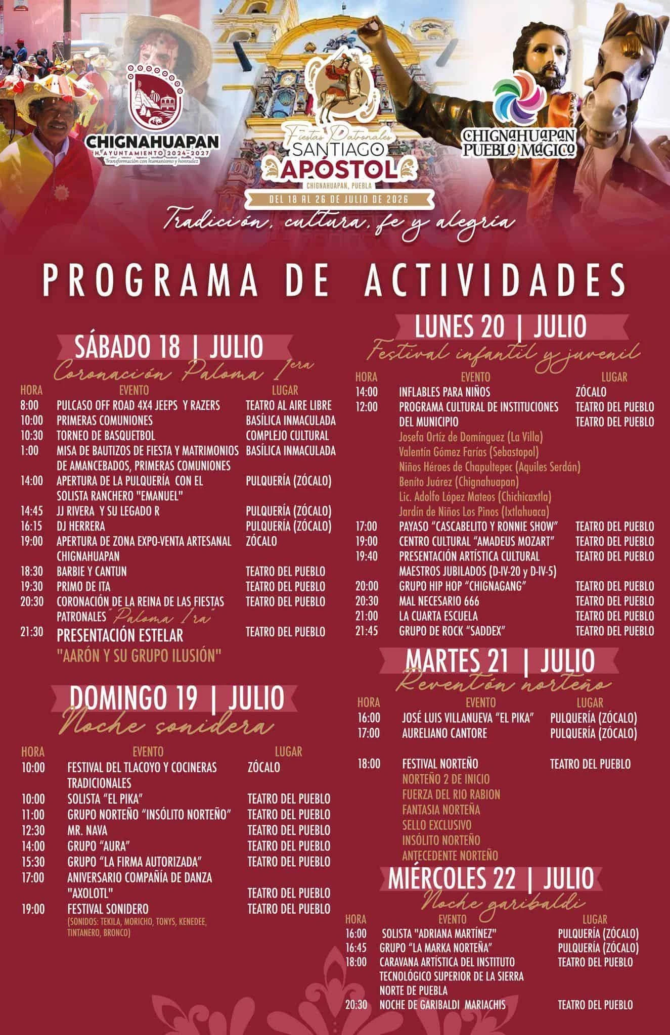 Programa de actividades de la Fiesta de Santiago Apóstol en Chignahuapan (parte 1). Foto: Cortesía