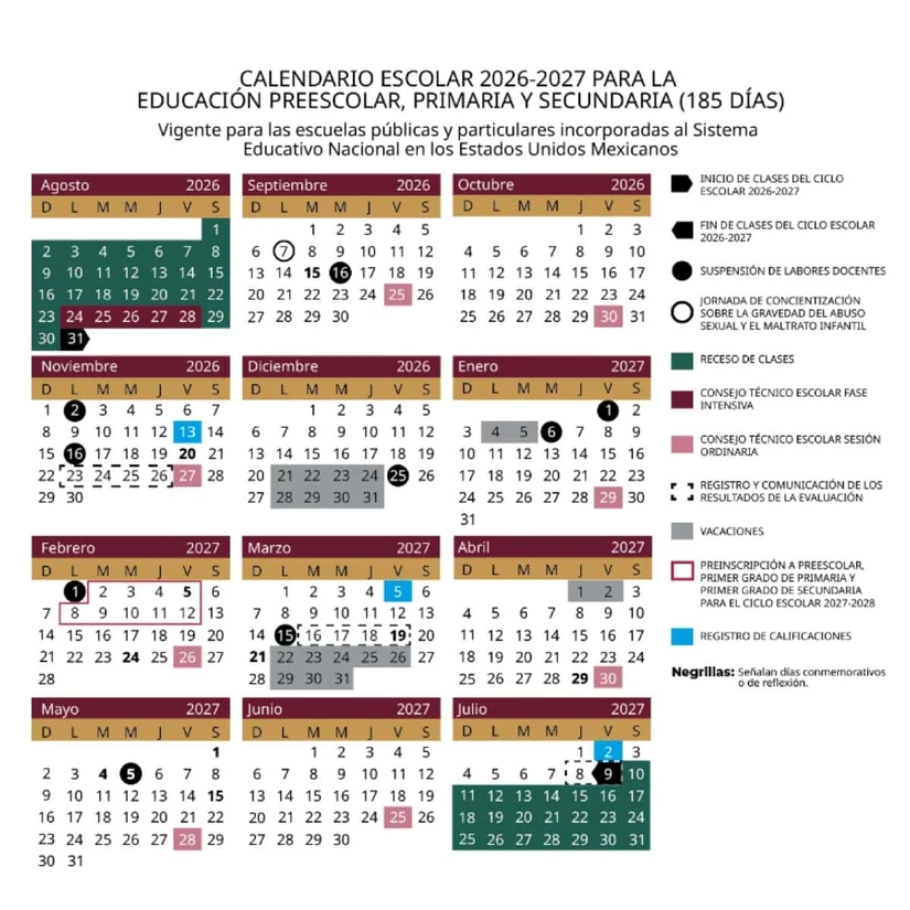 Calendario escolar oficial 2026-2027 de la SEP. Foto: Cortesía