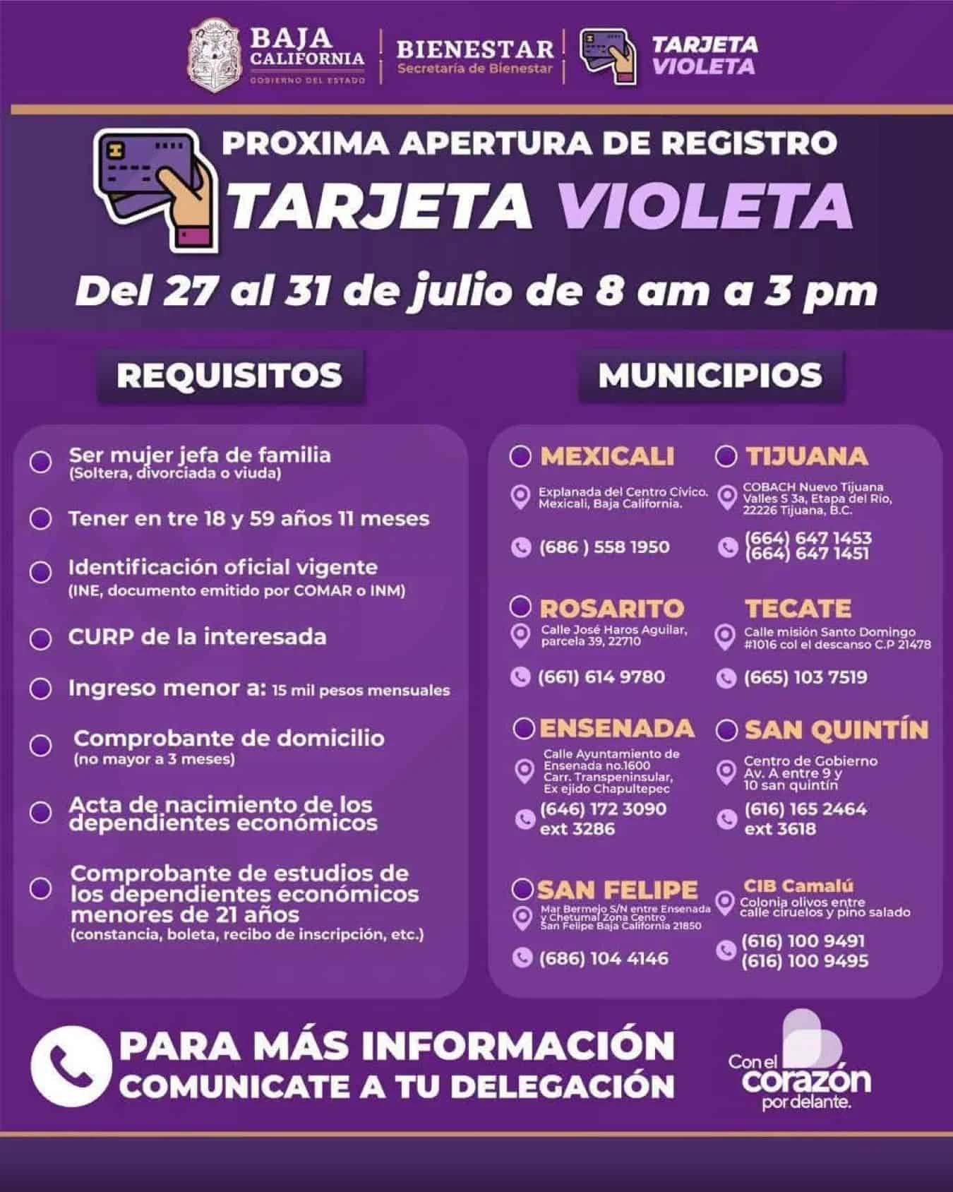 Dónde registrarse para la el apoyo de la Tarjeta Violeta en Baja California. Foto: Cortesía