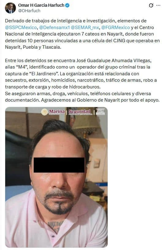 Detienen en Nayarit a 10 integrantes del CJNG; cae operador identificado como “M4” tras operativo federal