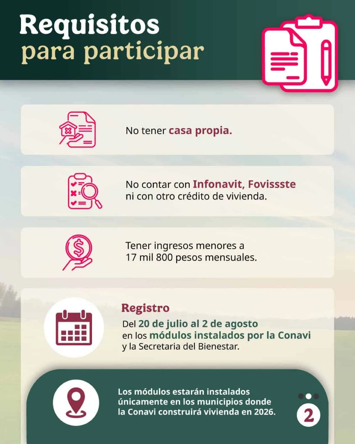 Requisitos para acceder a una Viviendas del Bienestar a través de Conavi. Foto: Cortesía