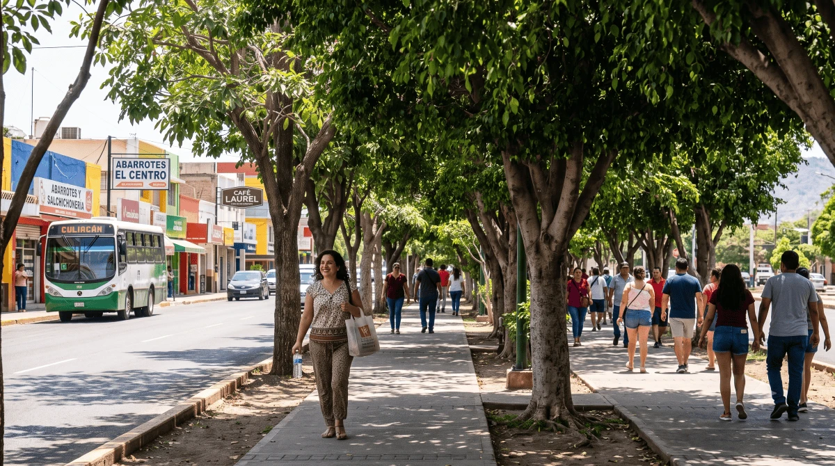 La sombra de los árboles reduce la temperatura en banquetas y espacios públicos, mejorando el confort y la seguridad de quienes se desplazan a pie. Imagen de IA
