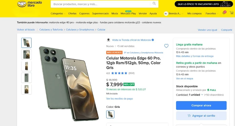 Casi a mitad de precio el Motorola Edge 60 Pro. Foto: Captura de pantalla