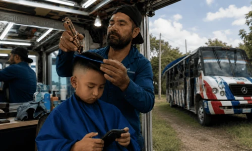 Video. Transformó un camión urbano en barbería