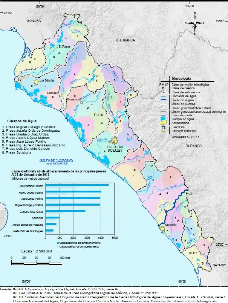 Mapa hidrológico de Sinaloa. Ya son14 grandes presas de almacenamiento, 2 por iniciar operaciones
